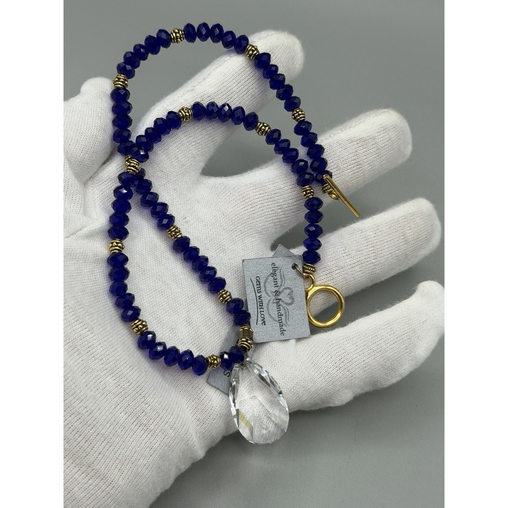 Handmade Swarovski Elements Crystal Necklace Cobalt Blue Beaded Gold Tone #1001 - Picture 5 of 7